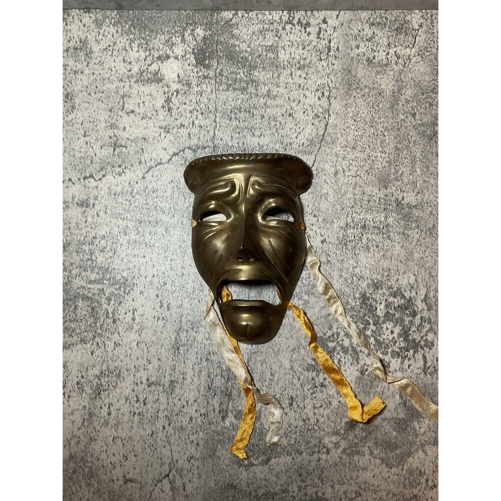 Vintage Brass Tragedy Comedy Mask Figures - Made in India Decor Drama Theatre
